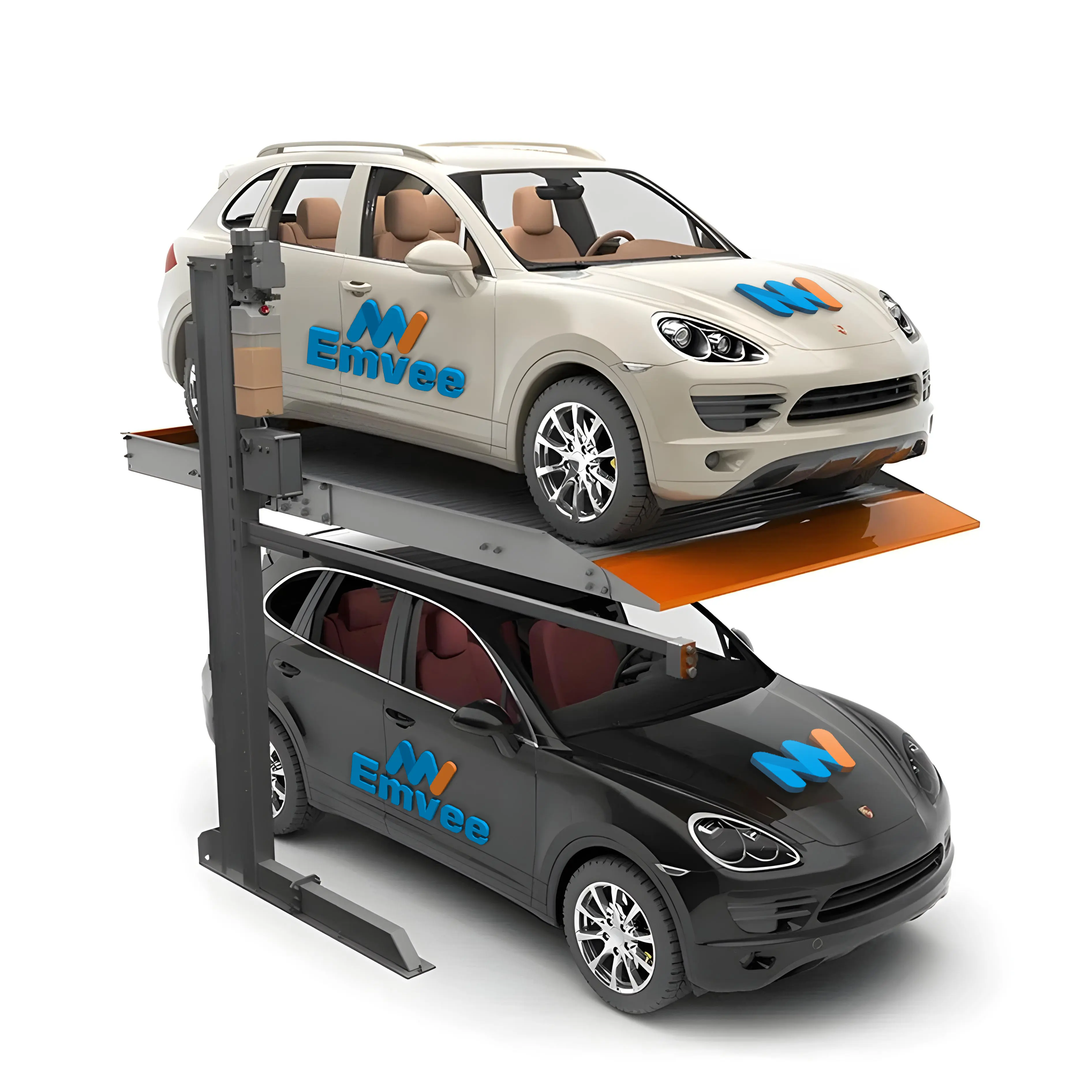 A white sedan safely elevated on an Emveepark Two-Post hydraulic stacker, with a second car parked underneath in a residential garage.